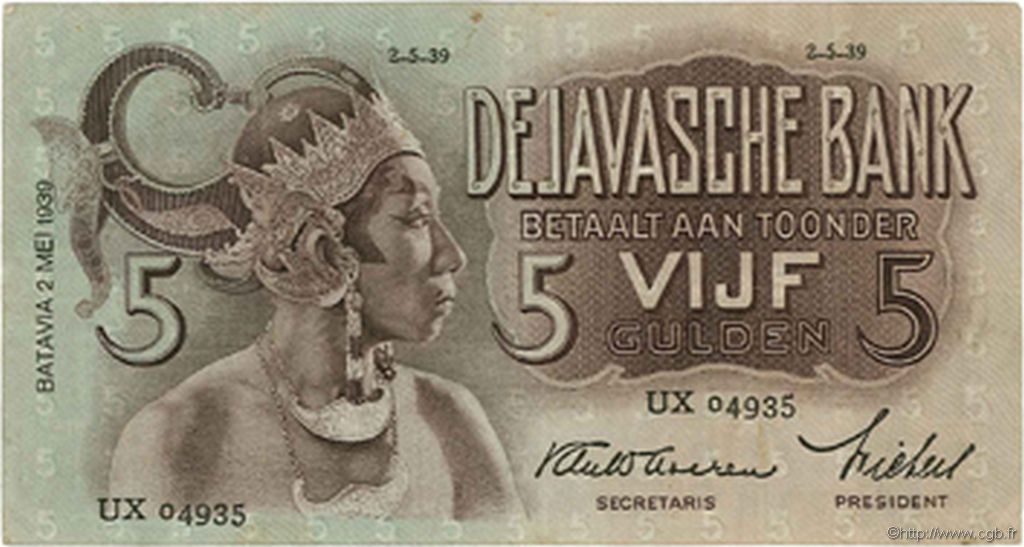 5 Gulden NETHERLANDS INDIES  1939 P.078b VF+