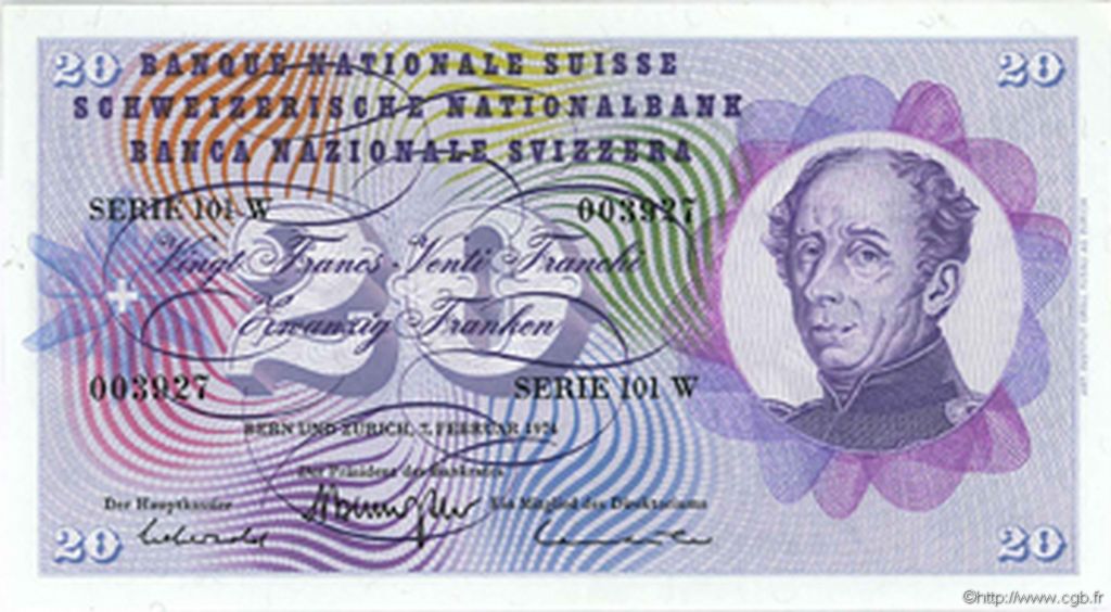 20 Francs SWITZERLAND  1974 P.46v AU
