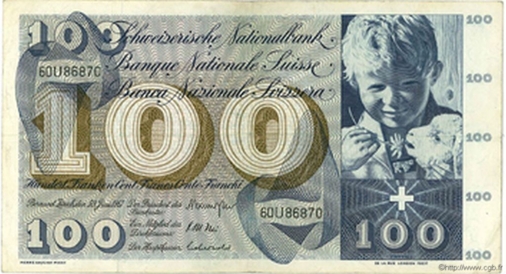 100 Francs SWITZERLAND  1967 P.49j VF