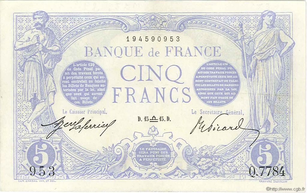 5 Francs BLEU FRANCIA  1915 F.02.31 EBC+