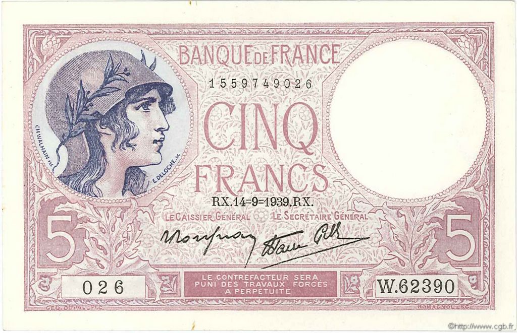 5 Francs FEMME CASQUÉE modifié FRANCIA  1939 F.04.08 EBC