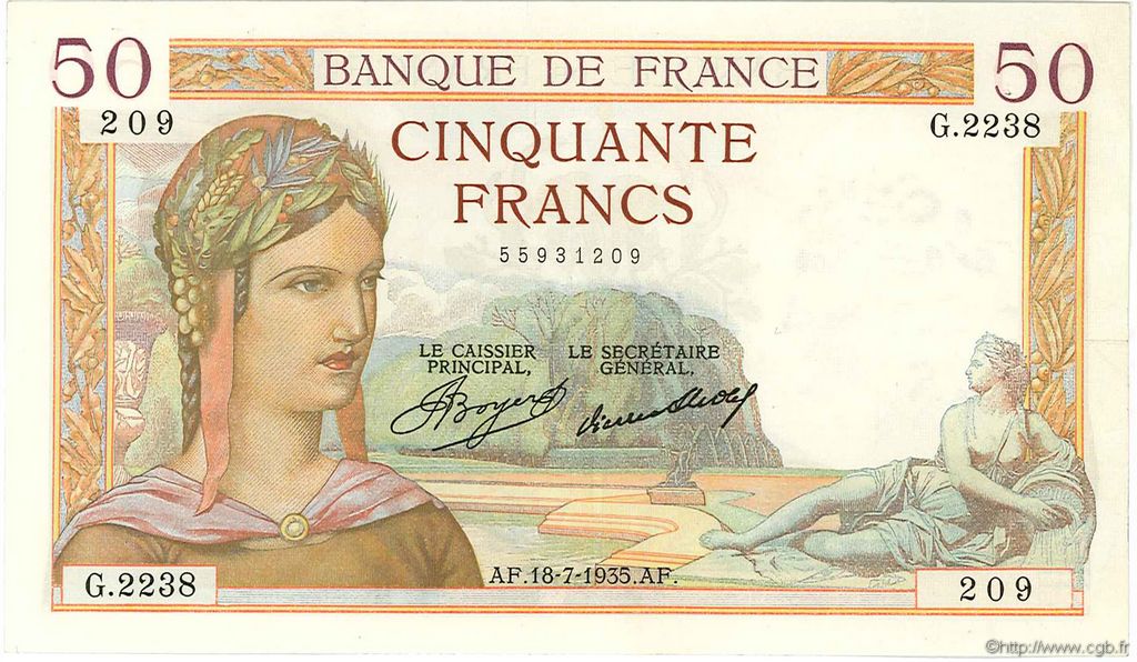 50 Francs CÉRÈS FRANCE  1935 F.17.13 VF+