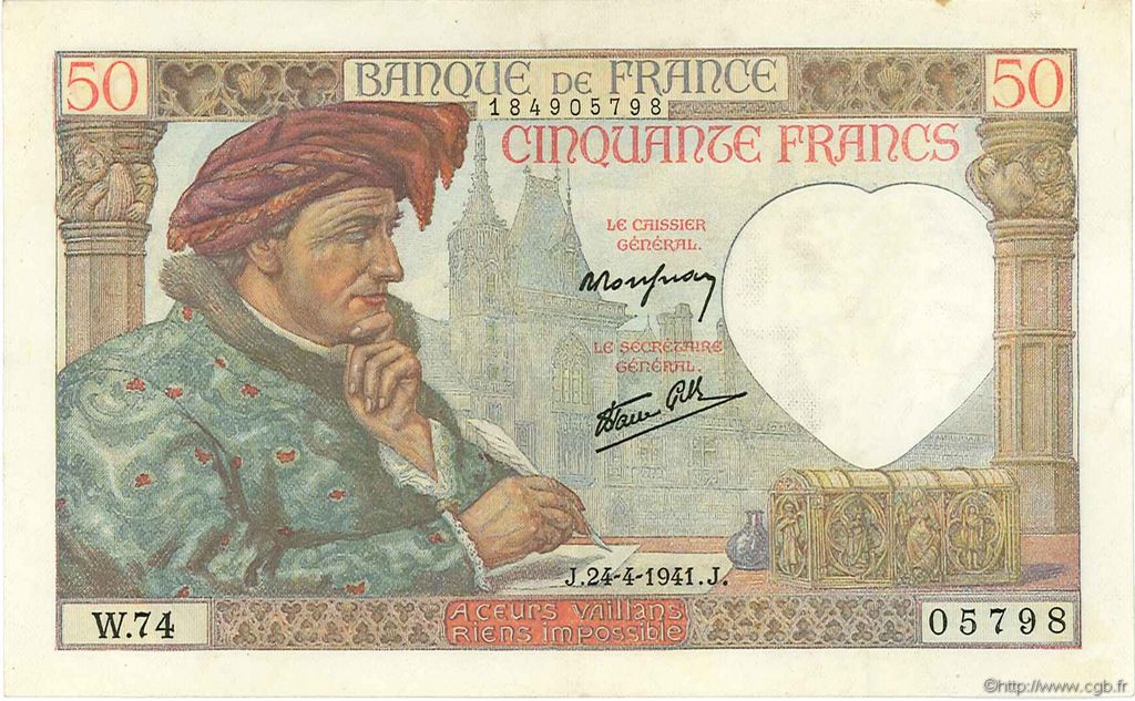 50 Francs JACQUES CŒUR FRANCE  1941 F.19.09 TTB+