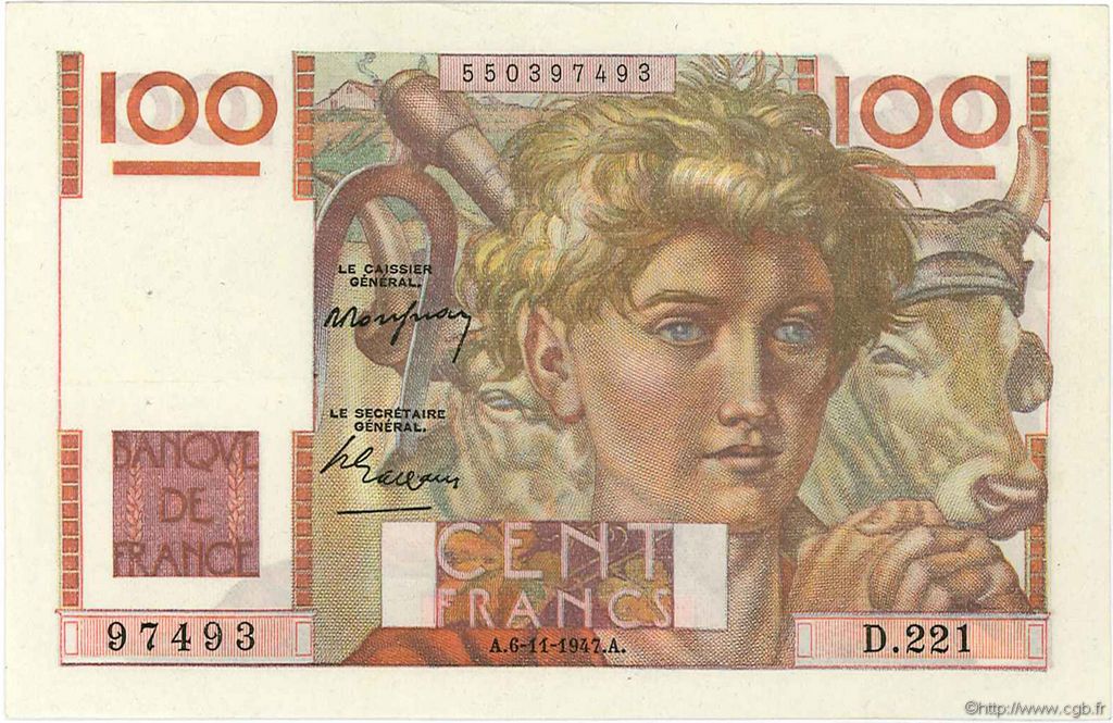 100 Francs JEUNE PAYSAN FRANCE  1947 F.28.16 XF