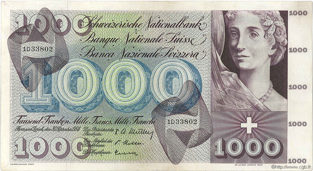 1000 Francs SUISSE  1954 P.52a VF+