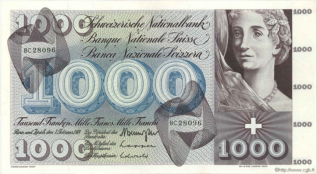 1000 Francs SUISSE  1974 P.52m EBC
