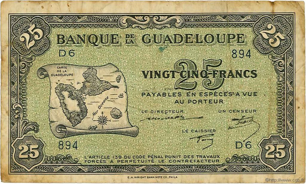 25 Francs GUADELOUPE  1944 P.22a TB