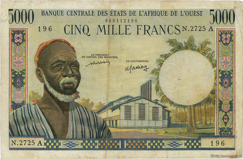 5000 Francs ESTADOS DEL OESTE AFRICANO  1977 P.104Aj MBC