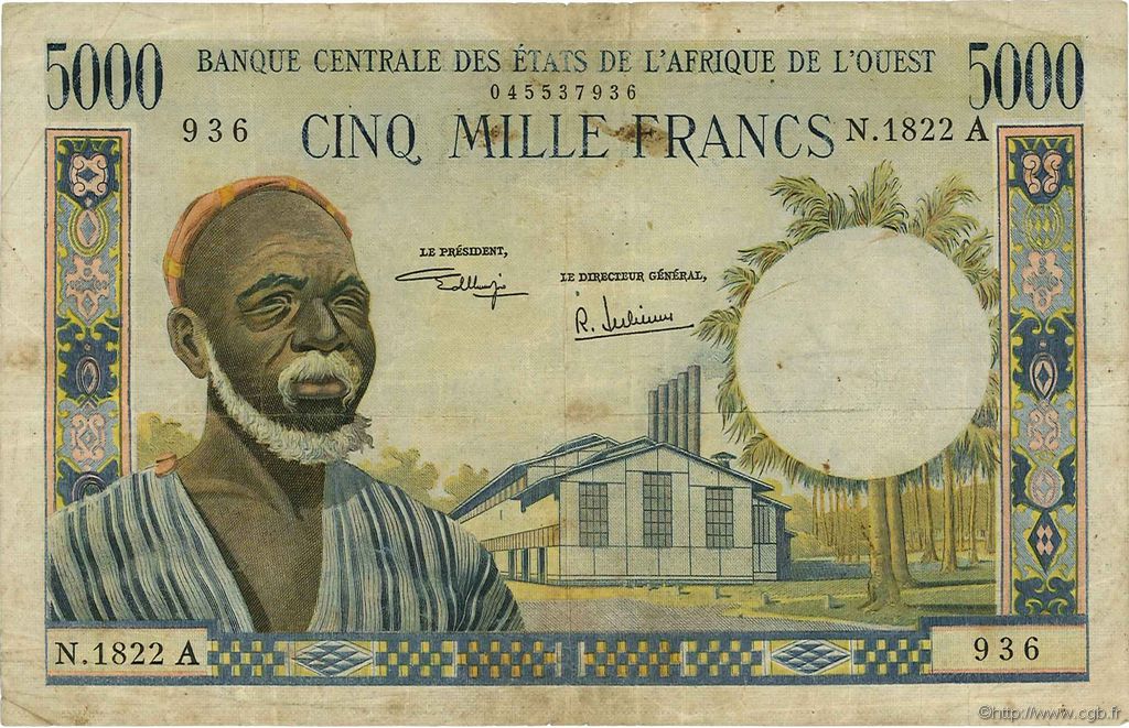 5000 Francs WEST AFRICAN STATES  1975 P.104Ah F+