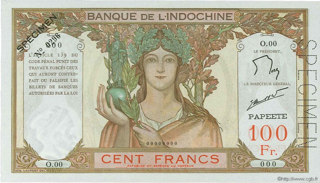 100 Francs Spécimen TAHITI  1961 P.14ds ST