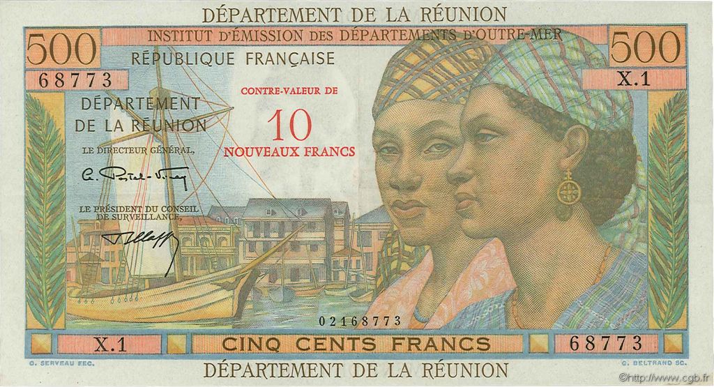 10 NF sur 500 Francs Pointe à Pitre ISLA DE LA REUNIóN  1964 P.54b MBC+