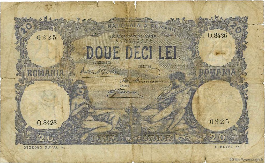 20 Lei ROMANIA  1928 P.020 VG