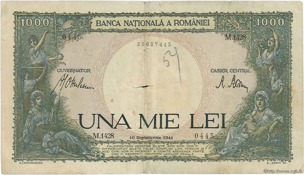 1000 Lei ROMANIA  1941 P.052a VG