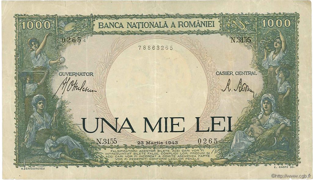 1000 Lei ROMANIA  1943 P.052a VF