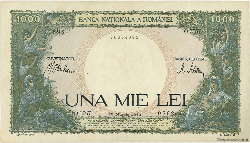 1000 Lei ROMANIA  1943 P.052a VF+