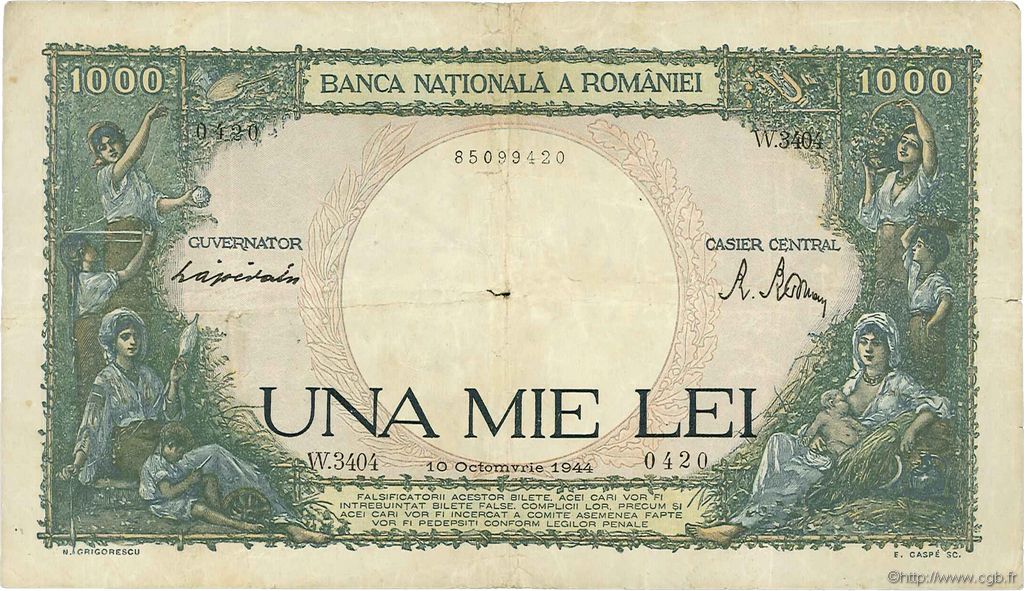 1000 Lei ROMANIA  1944 P.052a q.BB