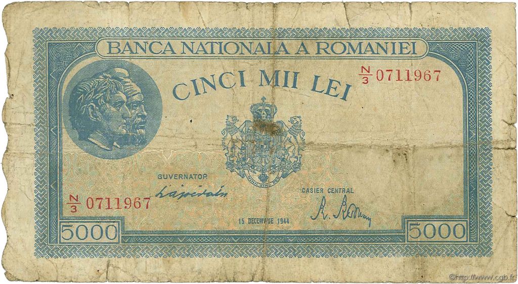 5000 Lei ROMANIA  1944 P.056a q.MB