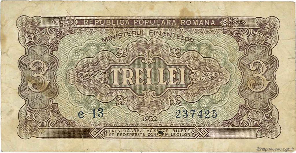 3 Lei ROMANIA  1952 P.082b MB