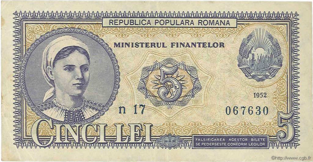5 Lei ROMANIA  1952 P.083b VF