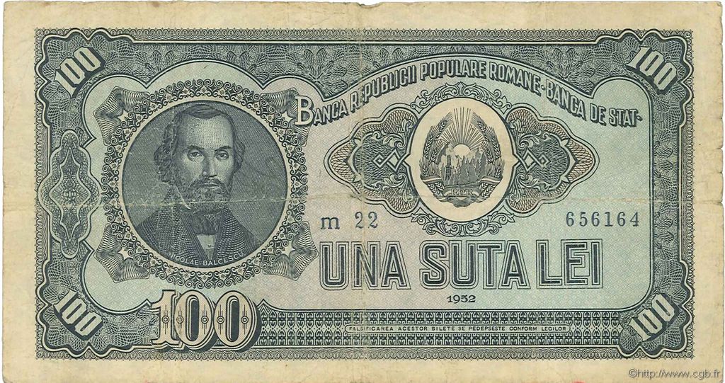 100 Lei ROMANIA  1952 P.090b F-