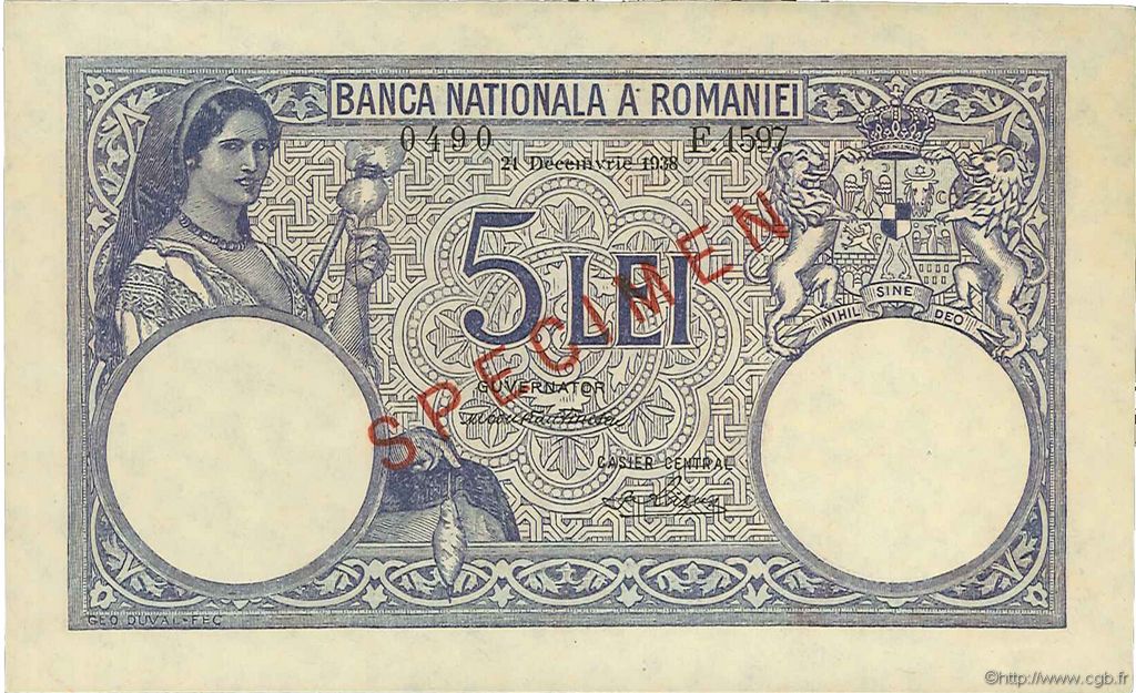 5 Lei Spécimen RUMANIA  1938 P.040s SC+