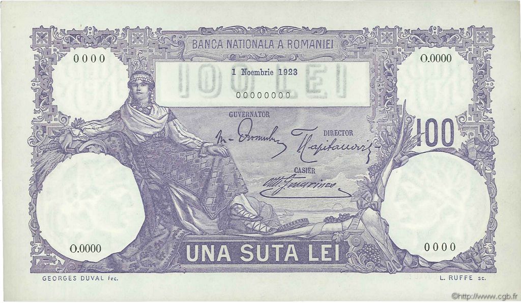 100 Lei Spécimen RUMANIA  1923 P.021s SC+