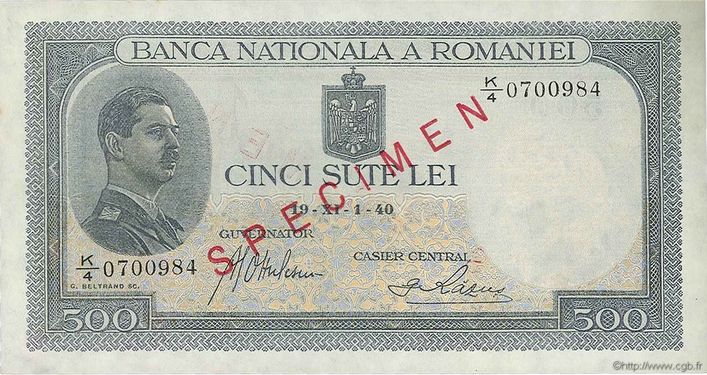 500 Lei Spécimen ROMANIA  1940 P.042s UNC-