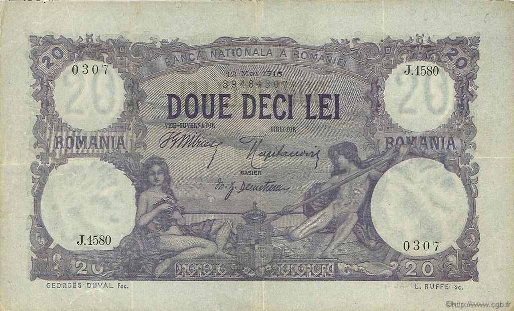 20 Lei ROMANIA  1916 P.020 VF