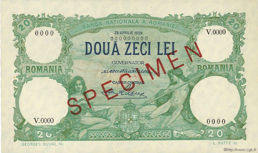 20 Lei Spécimen RUMANIA  1939 P.041s SC+