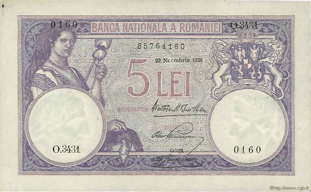 5 Lei ROMANIA  1928 P.019a q.SPL