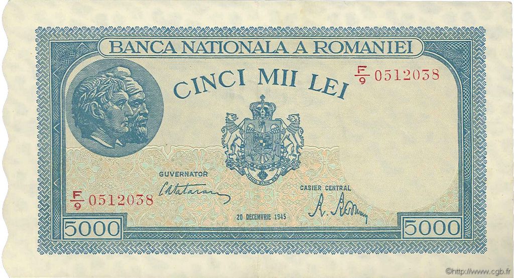 5000 Lei ROMANIA  1945 P.056a SPL