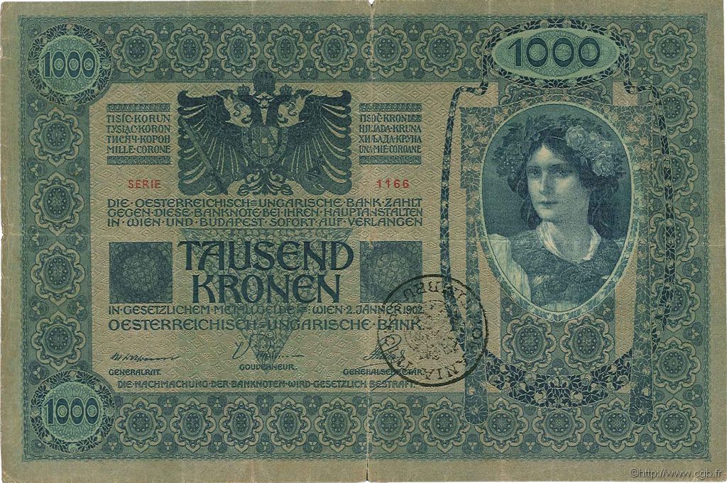 1000 Korona RUMANIA  1919 P.R21 BC+
