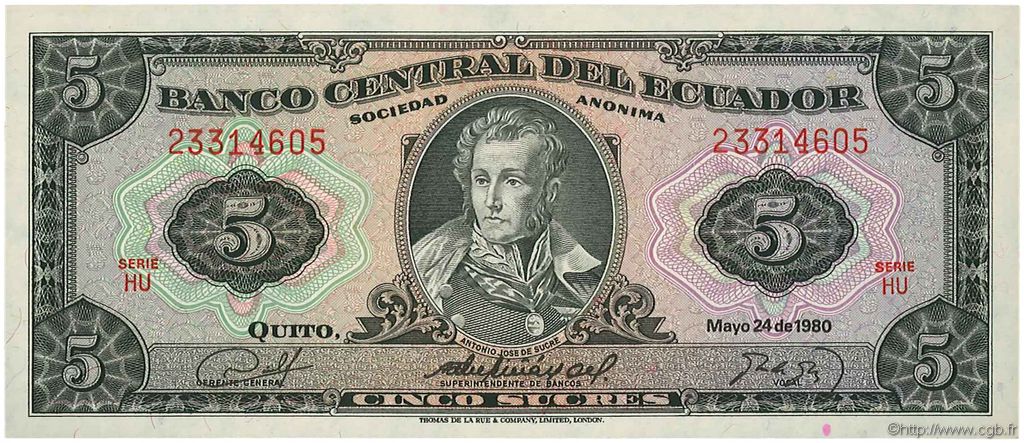 5 Sucres EKUADOR  1980 P.113c ST