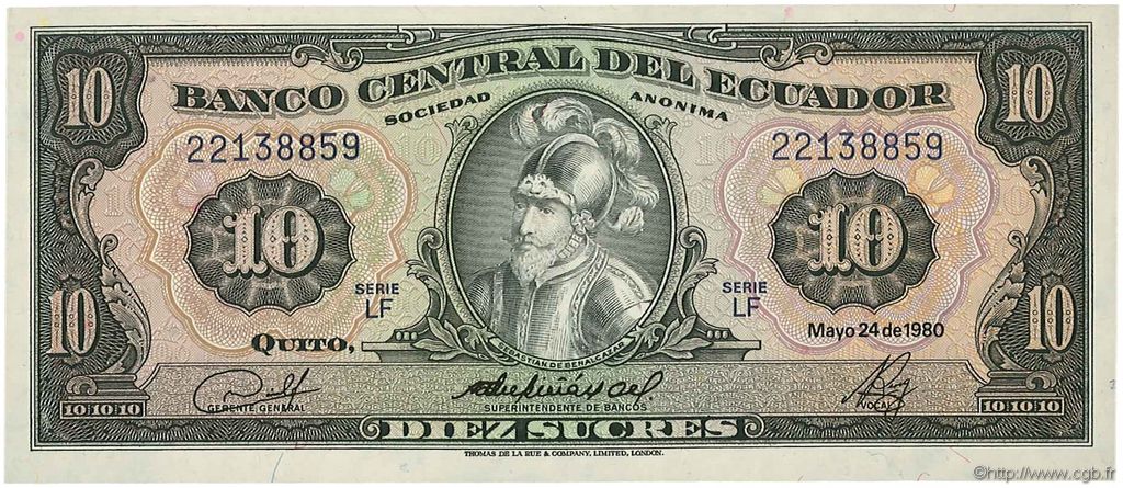 10 Sucres ECUADOR  1980 P.114b UNC