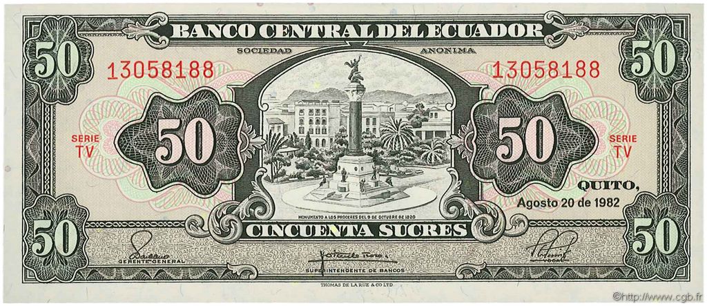 50 Sucres ECUADOR  1982 P.116e UNC