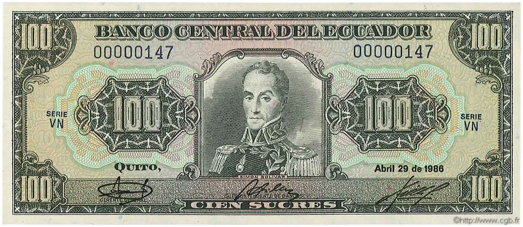 100 Sucres ECUADOR  1986 P.123 UNC
