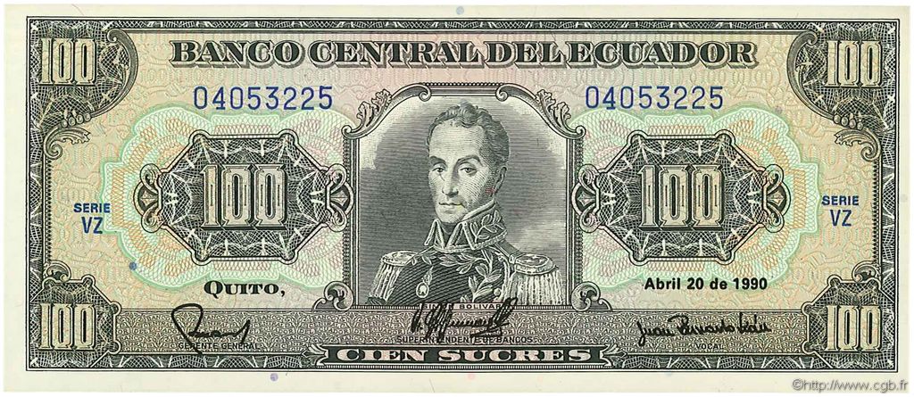 100 Sucres ECUADOR  1990 P.123 AU