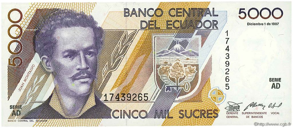 5000 Sucres ECUADOR  1987 P.126a UNC
