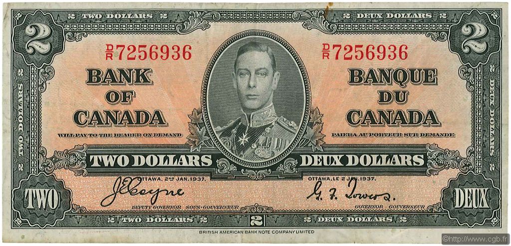 2 Dollars CANADá
  1937 P.059c BC+