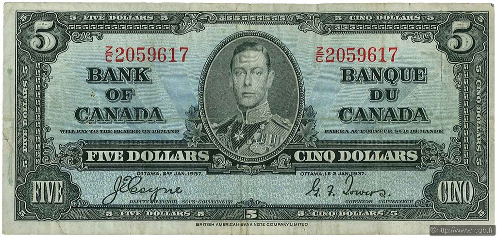 5 Dollars CANADA  1937 P.060c MB