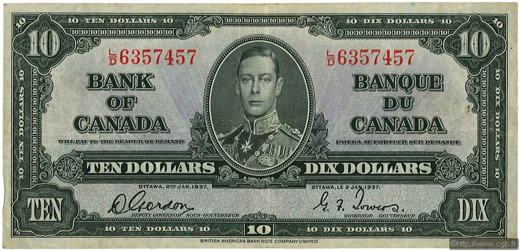 10 Dollars CANADA  1937 P.061b BB