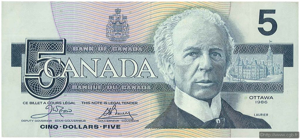5 Dollars CANADA  1986 P.095a2 TTB+