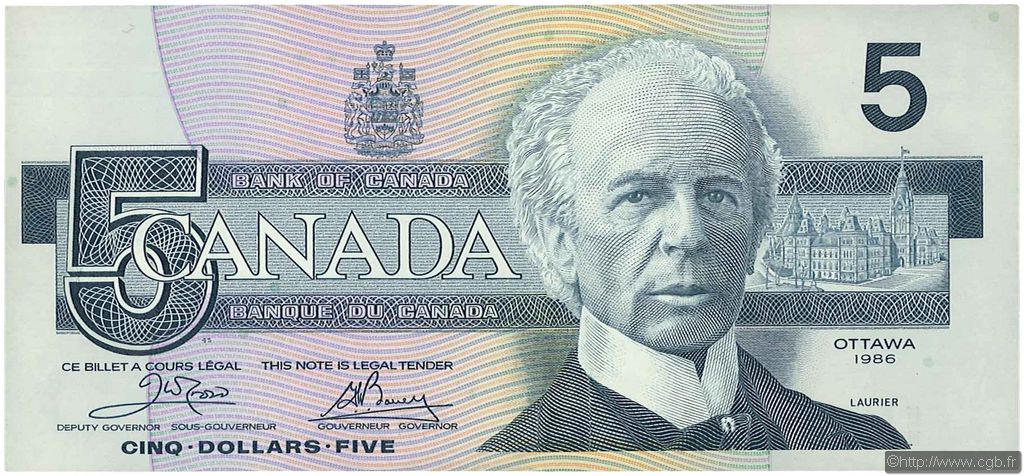 5 Dollars CANADA  1986 P.095a2 q.AU