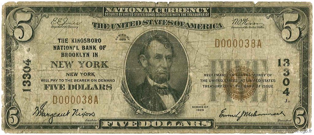 5 Dollars UNITED STATES OF AMERICA Brooklyn 1929 P.395 G