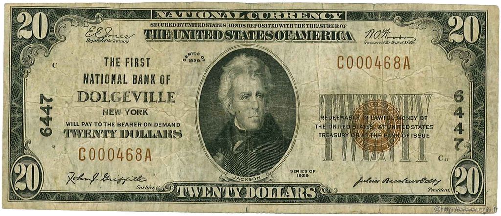 20 Dollars VEREINIGTE STAATEN VON AMERIKA Dolgeville 1929 P.397 fS