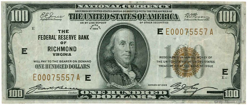 100 Dollars UNITED STATES OF AMERICA Richmond 1929 P.399 VF