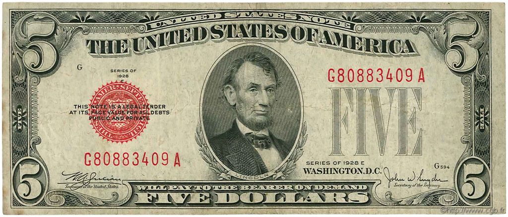 5 Dollars STATI UNITI D AMERICA  1928 P.379e q.BB