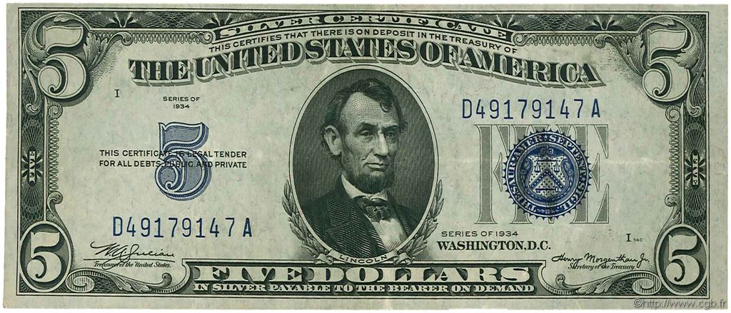 5 Dollars STATI UNITI D AMERICA  1934 P.414A q.SPL