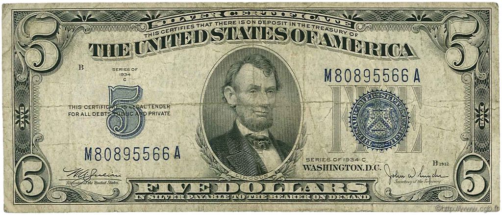 5 Dollars STATI UNITI D AMERICA  1934 P.414Ac MB