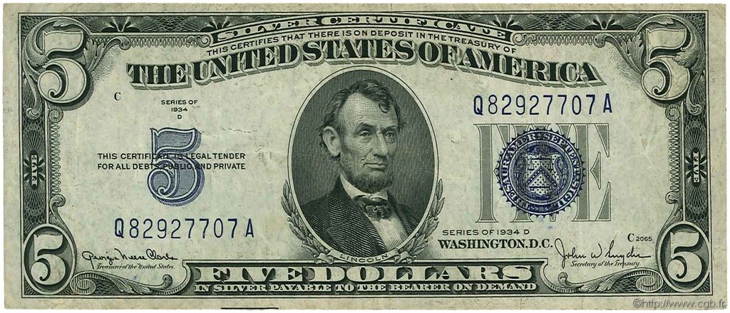 5 Dollars STATI UNITI D AMERICA  1934 P.414Ad q.BB